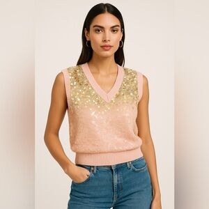 Elegant Pink Sequin V-Neck Sweater Vest
